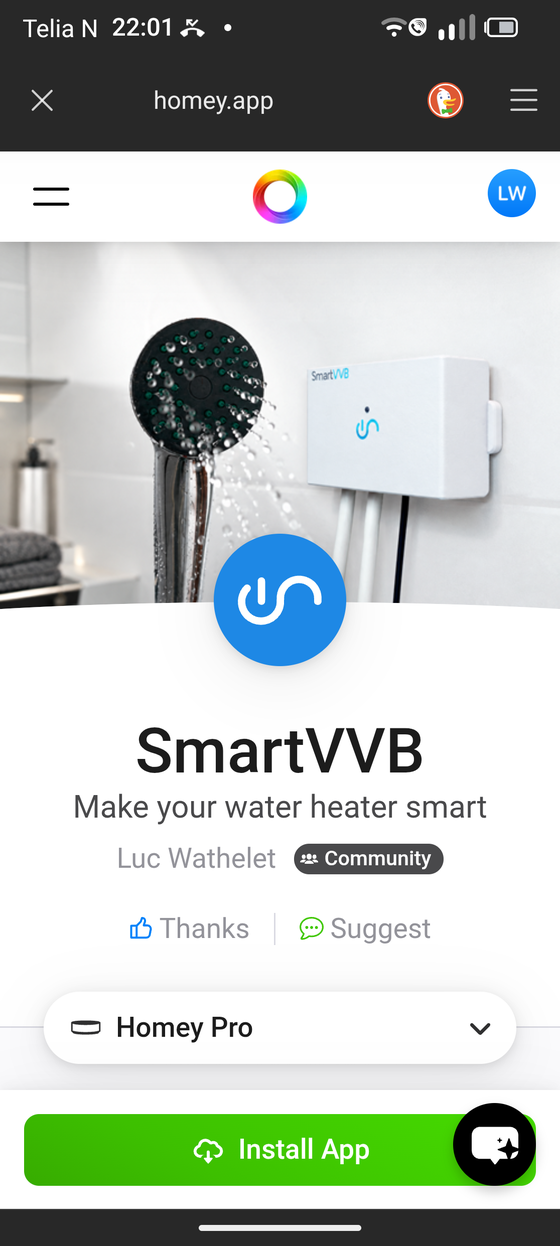 SmartVVB-appen i Homey App Store