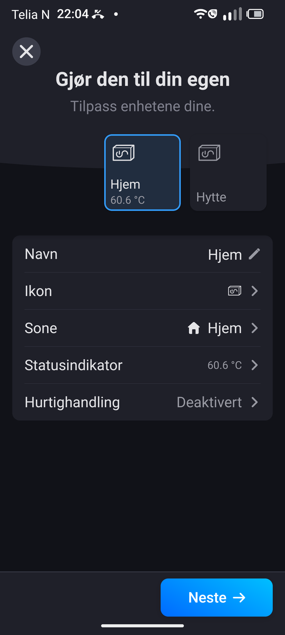 Gi enheten navn og velg sone i Homey