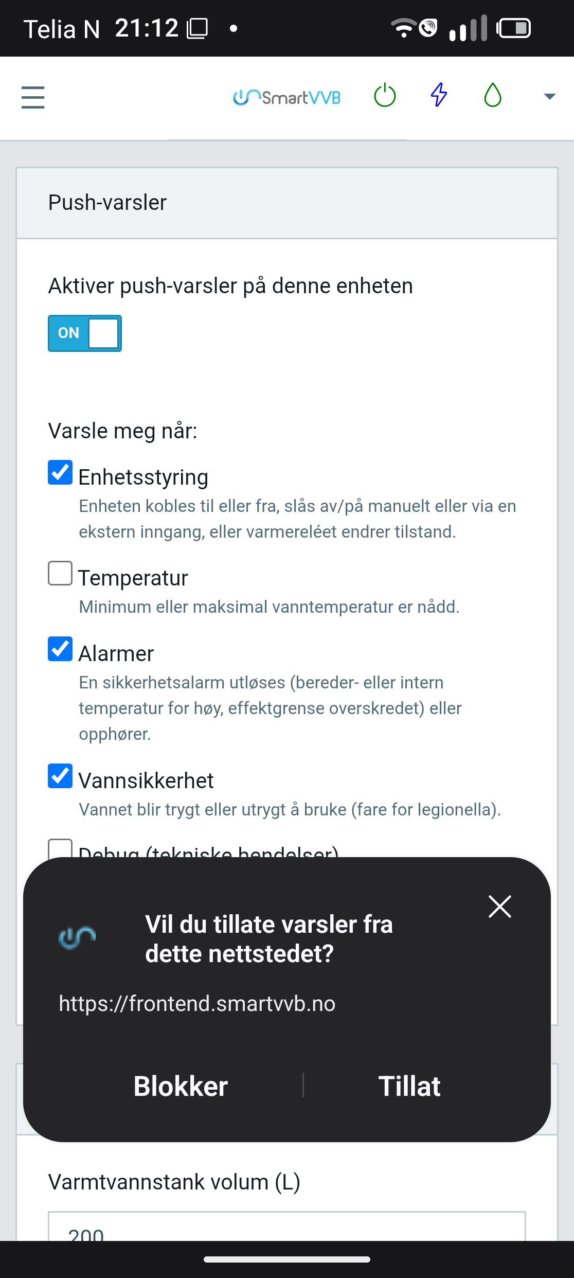 Nettleseren spør: Vil du tillate varsler fra dette nettstedet? Trykk Tillat.
