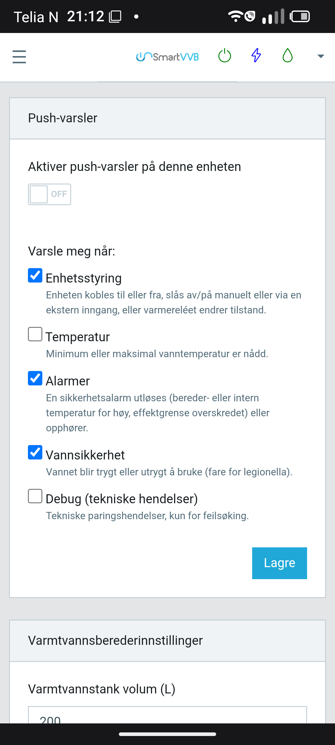 Kortet Push-varsler i innstillingene, med gruppene du kan velge